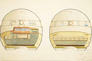 Эскиз интерьера орбитального отсека КК “Союз”. Г. А. Балашова. Собрание Мемориального музея космонавтики. 1964