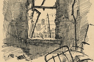 В.В.Богаткин. Рисунок с изображением комнаты в разрушенном доме. 1943. Бумага, тушь
